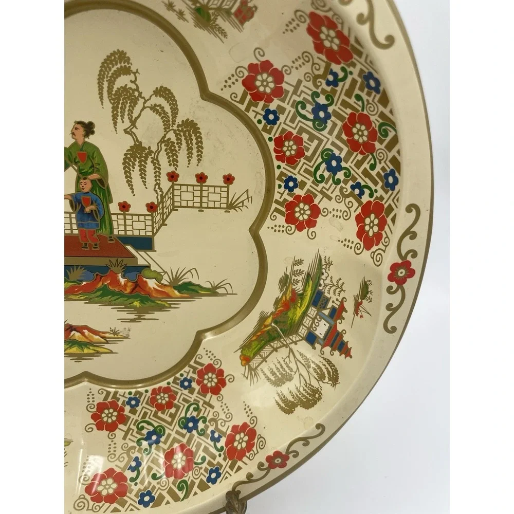 Vintage 1971 Daher Asian Ladies Decorated Metal Ware Floral Serving Bowl England
